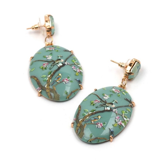 Bird Oval Earrings Tree Branch Leaf Dangling Drop - Picture 3 of 4